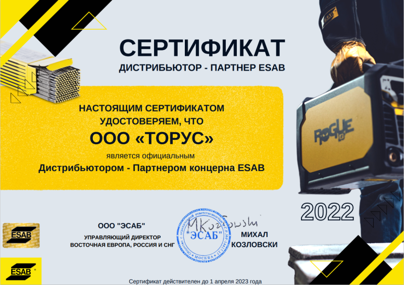 Дилерский сертификат ESAB 2022 сервис